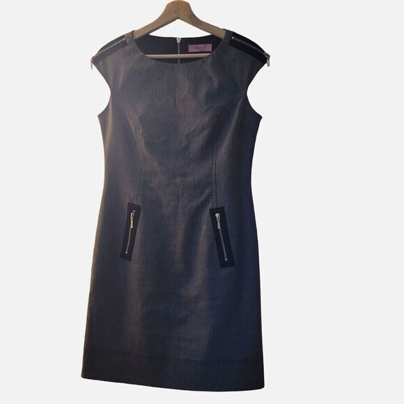 Eliza J Womens Sheath Dress Size 6 Gray Black Zipper Detailed Linen Cotton Blend - Picture 1 of 10